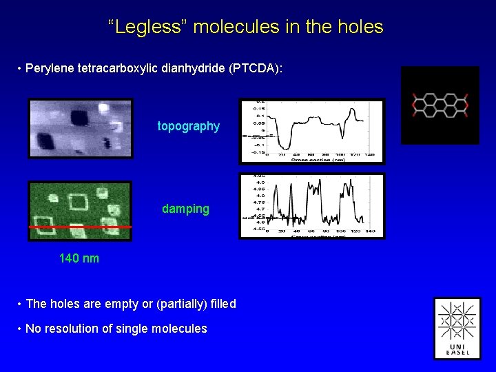 “Legless” molecules in the holes • Perylene tetracarboxylic dianhydride (PTCDA): topography damping 140 nm