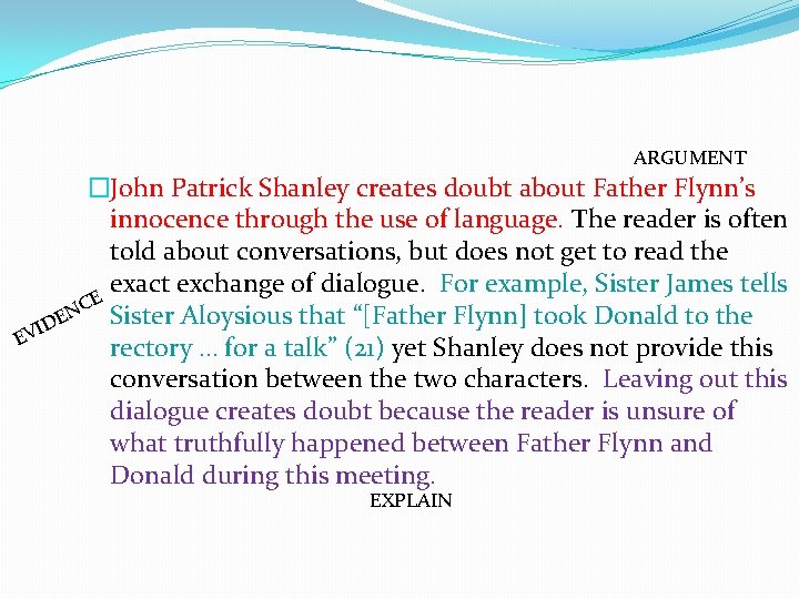 ARGUMENT �John Patrick Shanley creates doubt about Father Flynn’s innocence through the use of