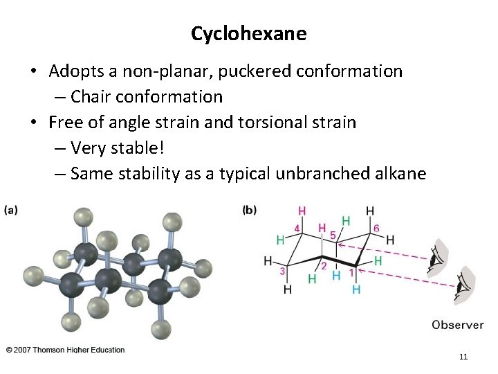 Cyclohexane • Adopts a non-planar, puckered conformation – Chair conformation • Free of angle