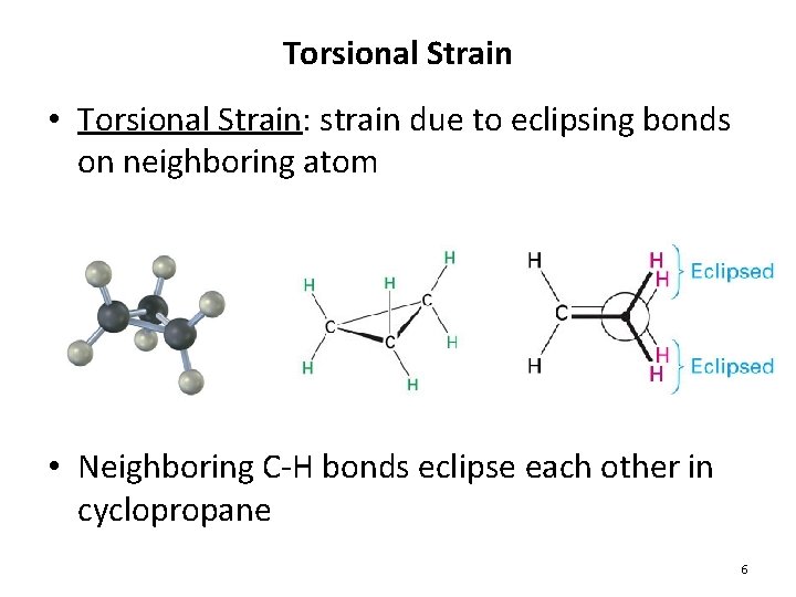 Torsional Strain • Torsional Strain: strain due to eclipsing bonds on neighboring atom •
