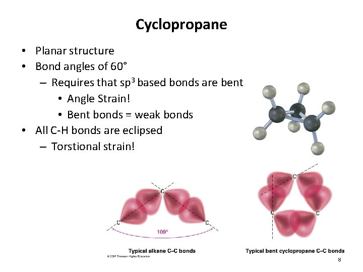 Cyclopropane • Planar structure • Bond angles of 60° – Requires that sp 3