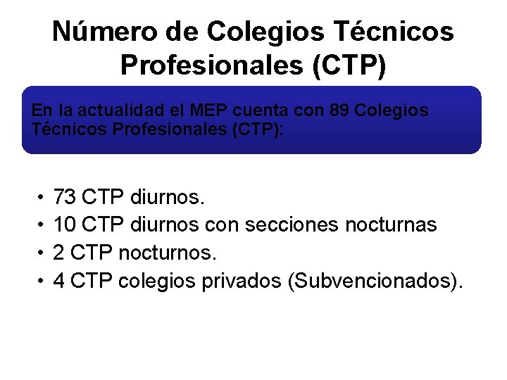 Número de Colegios Técnicos Profesionales (CTP) En la actualidad el MEP cuenta con 89