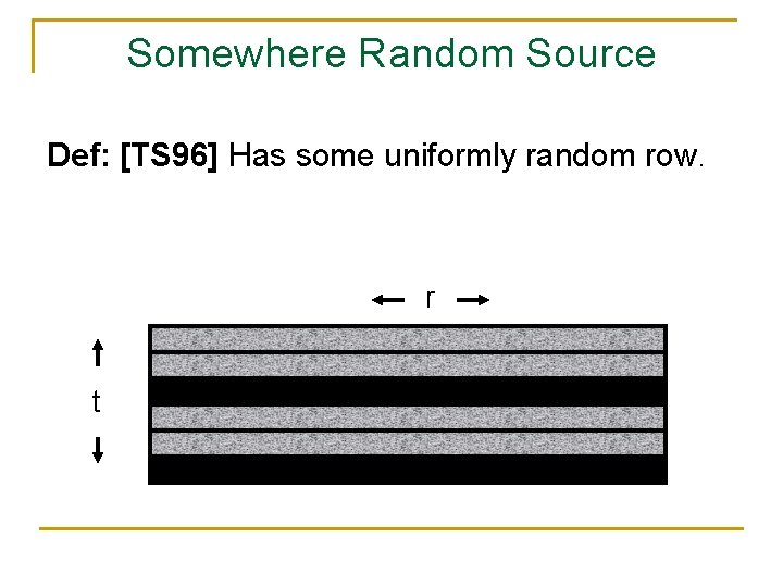 Somewhere Random Source Def: [TS 96] Has some uniformly random row. r t 