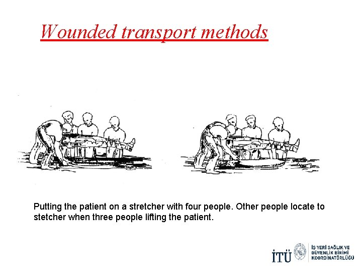 Wounded transport methods Putting the patient on a stretcher with four people. Other people