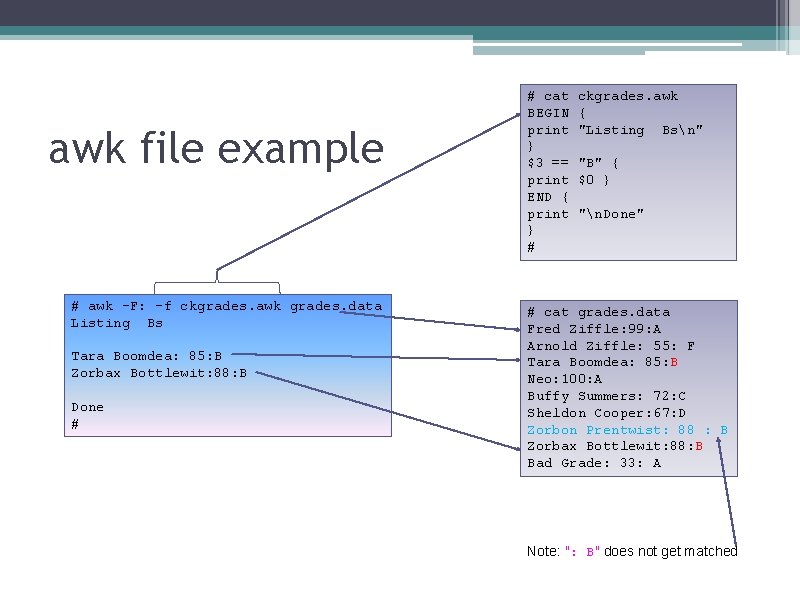 awk file example # awk -F: -f ckgrades. awk grades. data Listing Bs Tara