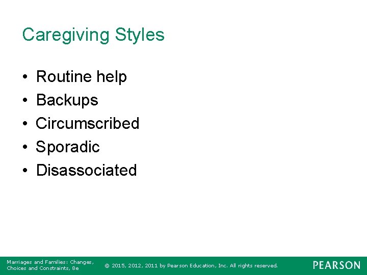 Caregiving Styles • • • Routine help Backups Circumscribed Sporadic Disassociated Marriages and Families: