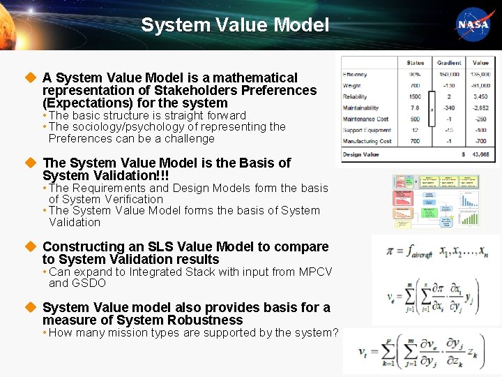 System Value Model u A System Value Model is a mathematical representation of Stakeholders