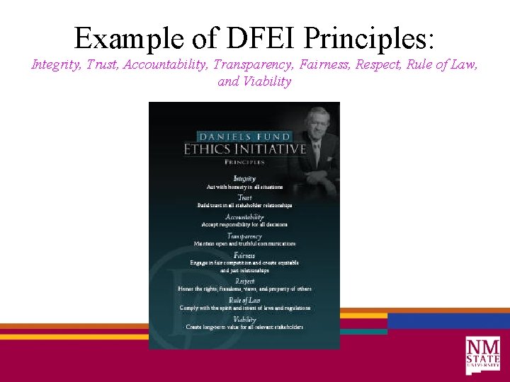 Example of DFEI Principles: Integrity, Trust, Accountability, Transparency, Fairness, Respect, Rule of Law, and