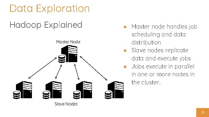 Data Exploration Hadoop Explained Master Node ● Master node handles job scheduling and data