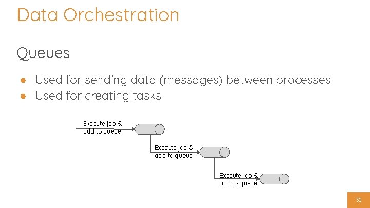Data Orchestration Queues ● Used for sending data (messages) between processes ● Used for