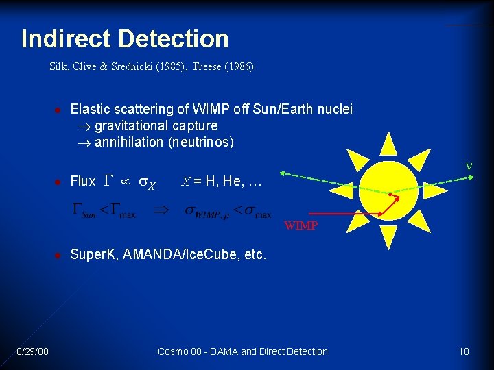 Indirect Detection Silk, Olive & Srednicki (1985), Freese (1986) l l Elastic scattering of Indirect Detection Silk, Olive & Srednicki (1985), Freese (1986) l l Elastic scattering of