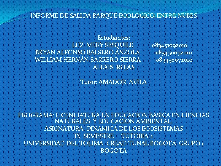 INFORME DE SALIDA PARQUE ECOLOGICO ENTRE NUBES Estudiantes: LUZ MERY SESQUILE 083451092010 BRYAN ALFONSO