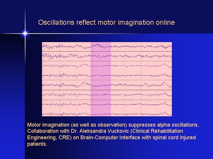 Oscillations reflect motor imagination online Motor imagination (as well as observation) suppresses alpha oscillations.