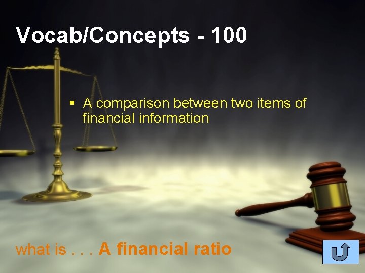 Vocab/Concepts - 100 § A comparison between two items of financial information what is.