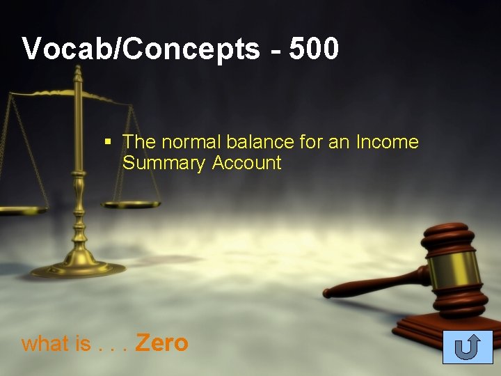 Vocab/Concepts - 500 § The normal balance for an Income Summary Account what is.