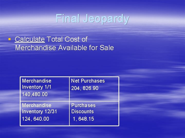 Final Jeopardy § Calculate Total Cost of Merchandise Available for Sale Merchandise Inventory 1/1