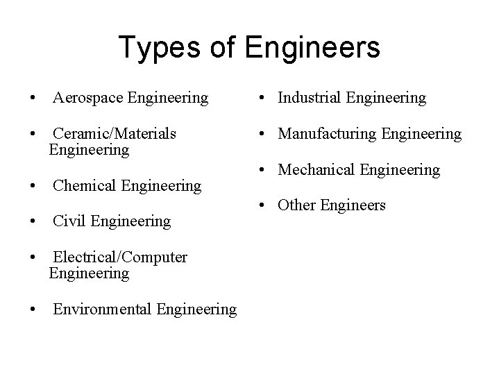 Types of Engineers • Aerospace Engineering • Industrial Engineering • Ceramic/Materials Engineering • Manufacturing