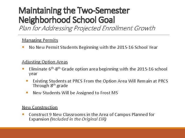 Maintaining the Two-Semester Neighborhood School Goal Plan for Addressing Projected Enrollment Growth Managing Permits