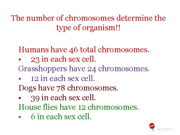 The number of chromosomes determine the type of organism!! Humans have 46 total chromosomes.