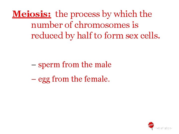 Meiosis: the process by which the number of chromosomes is reduced by half to