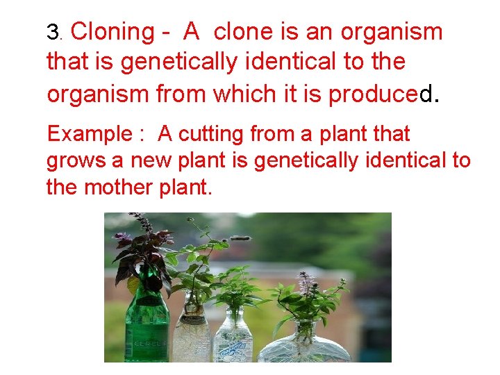 3. Cloning - A clone is an organism that is genetically identical to the