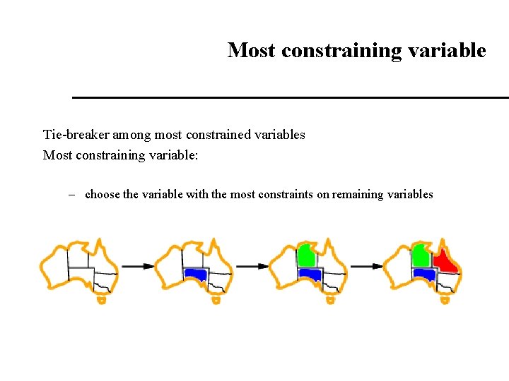 Most constraining variable Tie-breaker among most constrained variables Most constraining variable: – choose the