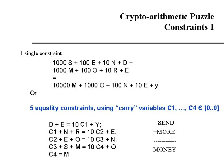 Crypto-arithmetic Puzzle Constraints 1 1 single constraint 1000 S + 100 E + 10