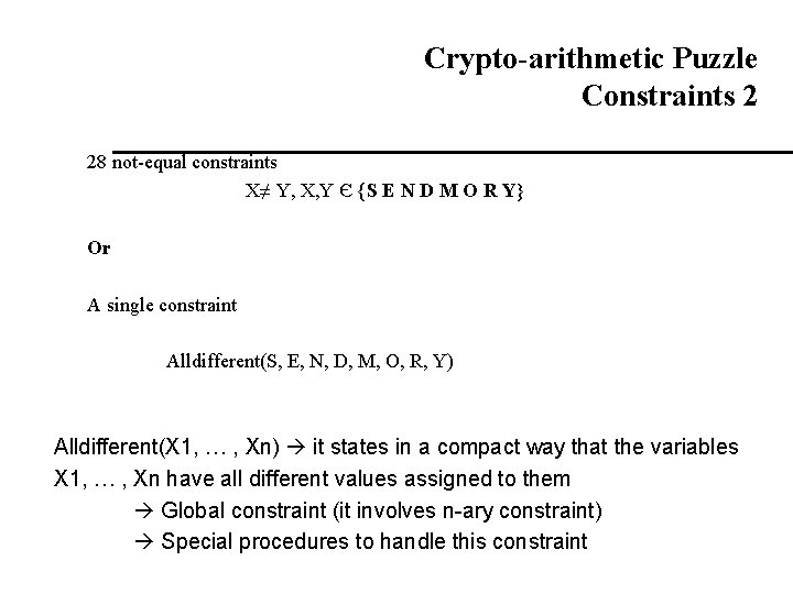 Crypto-arithmetic Puzzle Constraints 2 28 not-equal constraints X≠ Y, X, Y Є {S E