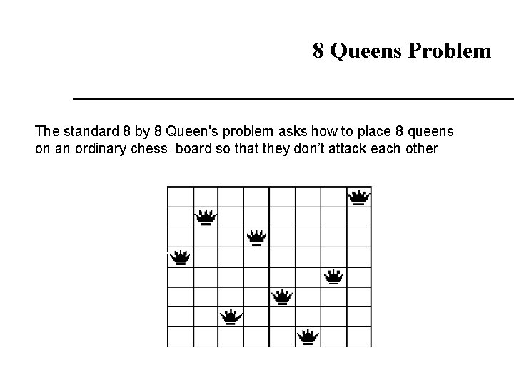 8 Queens Problem The standard 8 by 8 Queen's problem asks how to place
