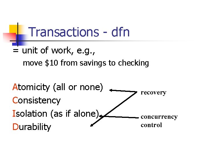 Transactions - dfn = unit of work, e. g. , move $10 from savings