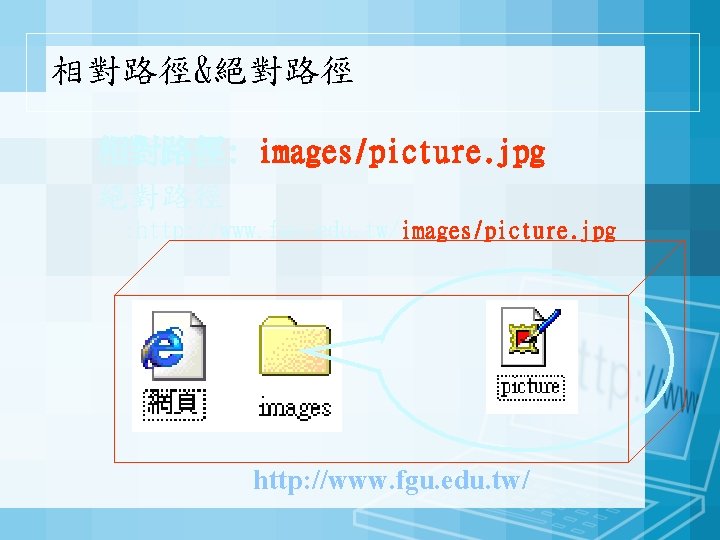 相對路徑&絕對路徑 相對路徑: images/picture. jpg 絕對路徑 : http: //www. fgu. edu. tw/images/picture. jpg http: //www.