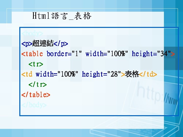 Html語言_表格 <body> <p>超連結</p> <table border="1" width="100%" height="34"> <tr> <td width="100%" height="28">表格</td> </tr> </table> </body>