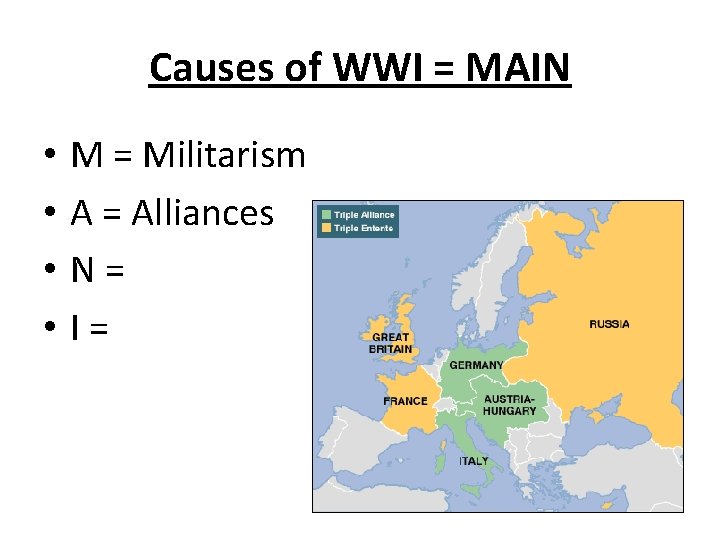 Causes of WWI = MAIN • • M = Militarism A = Alliances N=