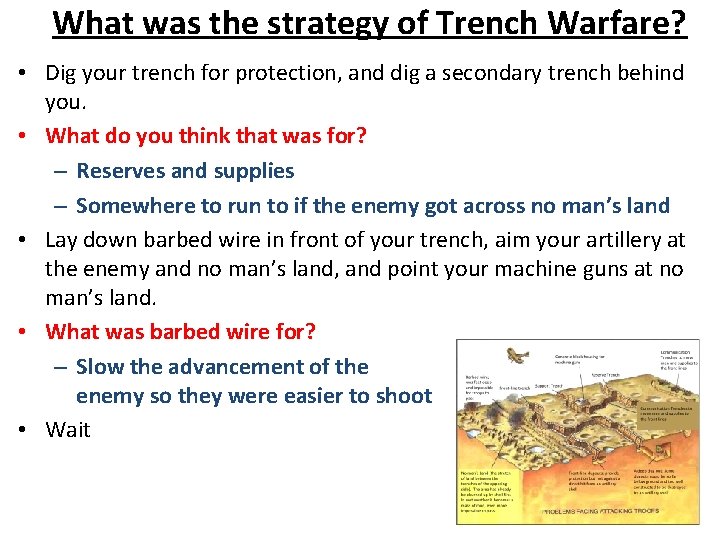 What was the strategy of Trench Warfare? • Dig your trench for protection, and