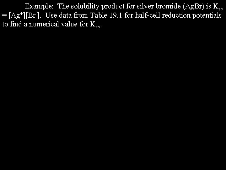 Example: The solubility product for silver bromide (Ag. Br) is Ksp = [Ag+][Br-]. Use