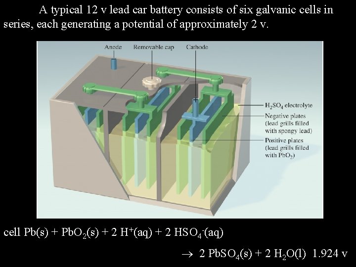 A typical 12 v lead car battery consists of six galvanic cells in series,