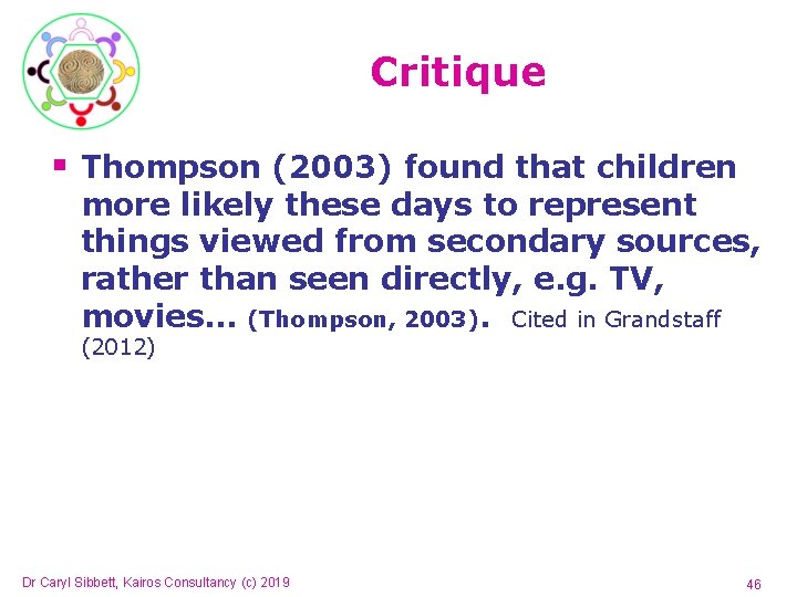 Critique § Thompson (2003) found that children more likely these days to represent things Critique § Thompson (2003) found that children more likely these days to represent things