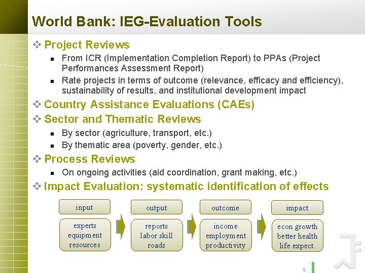 World Bank: IEG-Evaluation Tools v Project Reviews n n From ICR (Implementation Completion Report)