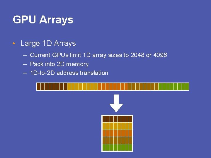 GPU Arrays • Large 1 D Arrays – Current GPUs limit 1 D array