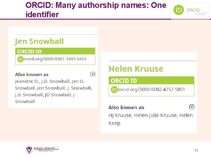 ORCID: Many authorship names: One identifier 11 11 
