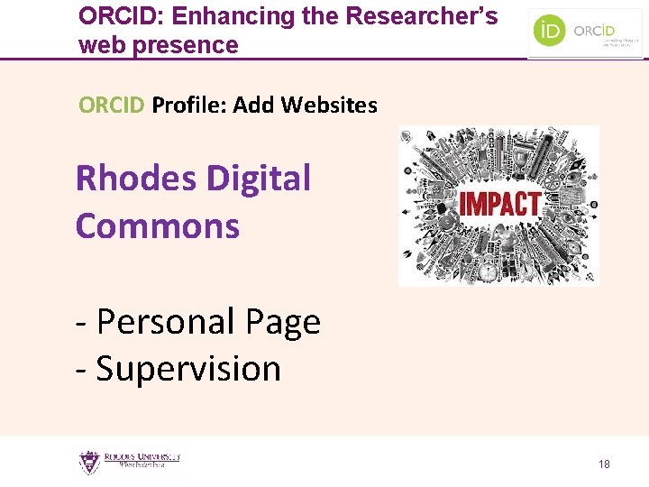 ORCID: Enhancing the Researcher’s web presence ORCID Profile: Add Websites Rhodes Digital Commons -