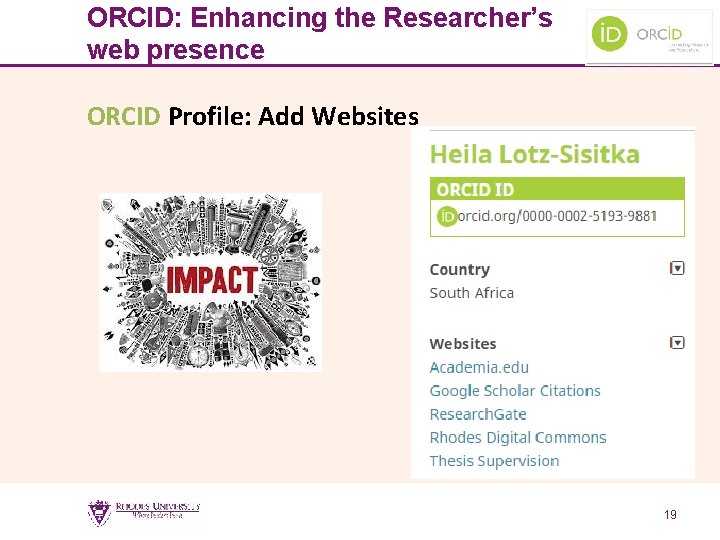 ORCID: Enhancing the Researcher’s web presence ORCID Profile: Add Websites 19 19 