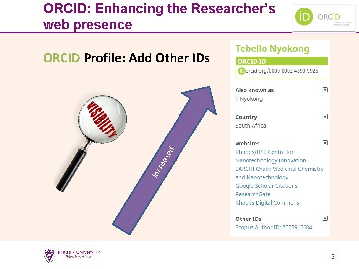 ORCID: Enhancing the Researcher’s web presence Inc rea sed ORCID Profile: Add Other IDs