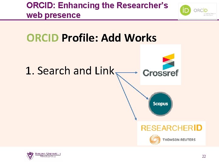ORCID: Enhancing the Researcher’s web presence ORCID Profile: Add Works 1. Search and Link