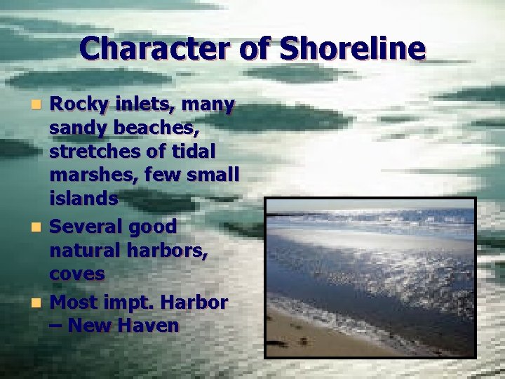 Character of Shoreline Rocky inlets, many sandy beaches, stretches of tidal marshes, few small