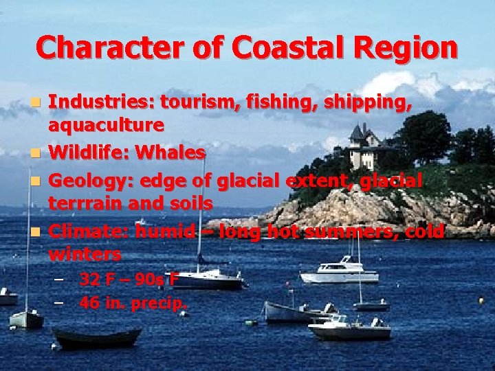 Character of Coastal Region n n Industries: tourism, fishing, shipping, aquaculture Wildlife: Whales Geology: