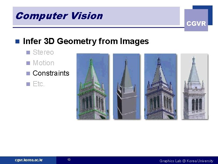 Computer Vision n CGVR Infer 3 D Geometry from Images Stereo n Motion n