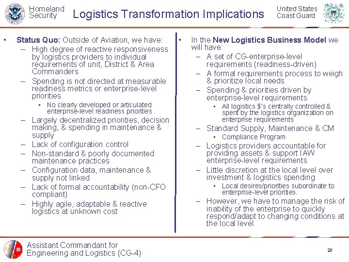 Homeland Security • Logistics Transformation Implications Status Quo: Outside of Aviation, we have: –
