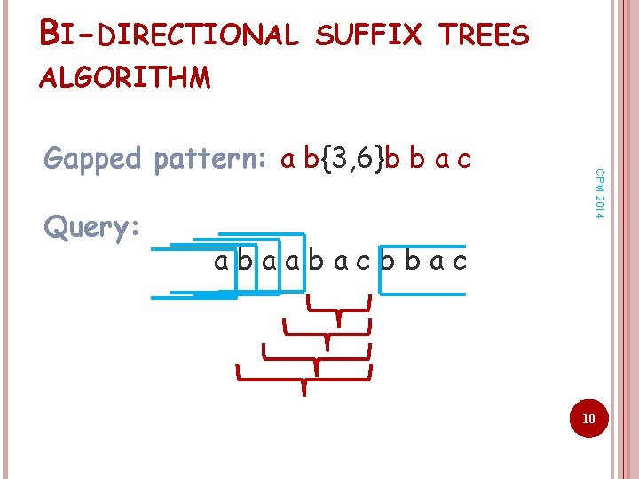 BI-DIRECTIONAL SUFFIX TREES ALGORITHM Query: CPM 2014 Gapped pattern: a b{3, 6}b b a
