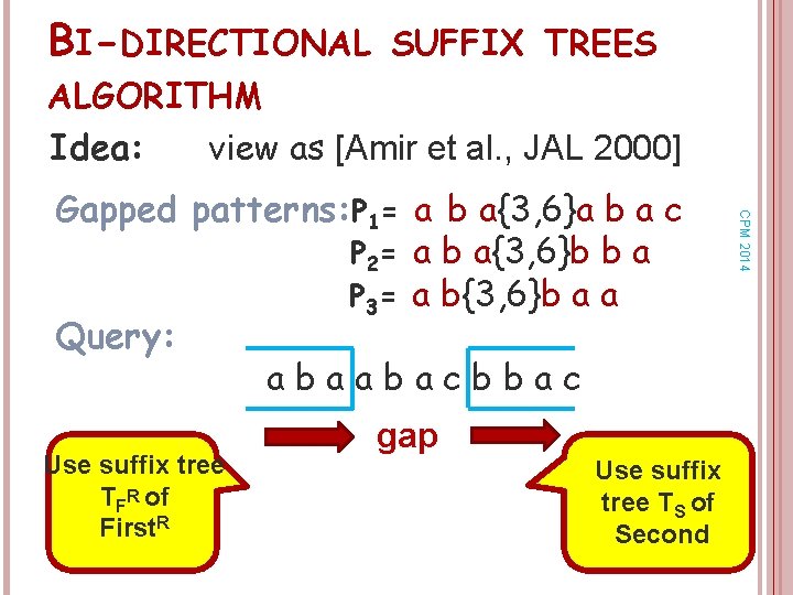 BI-DIRECTIONAL SUFFIX TREES ALGORITHM Idea: view as [Amir et al. , JAL 2000] Use